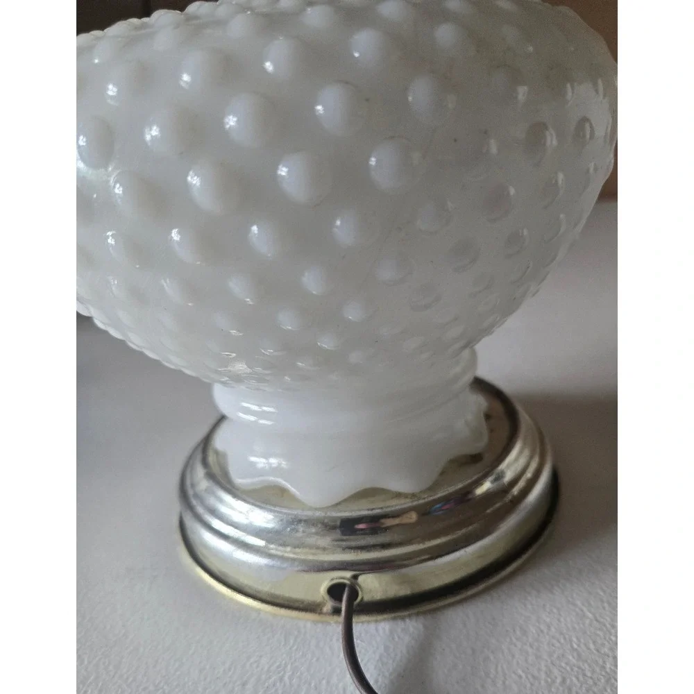 Vintage Hobnail‎ Milk Glass Electric Hurricane Lamp White Glass Brass Accent